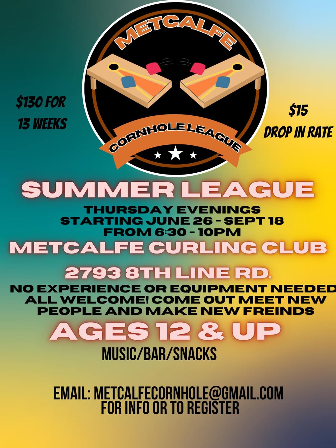 Cornhole League - Thursdays - 6:30 to 10PM - $130 - June 26 to Sept 18